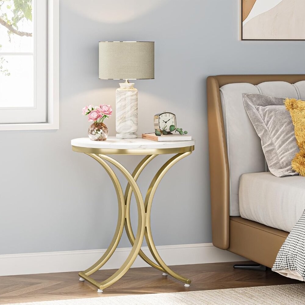 Small Round Sofa Side Table, Faux Marble White and Gold End Table, Contemporary - Picture 7 of 8